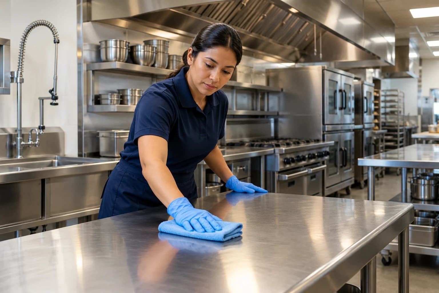 Professional cleaning of a stainless-steel commercial kitchen counter